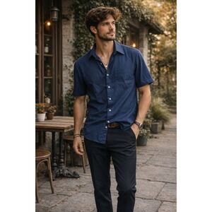 Vtg Wedgefield Mens Navy Blue Short Sleeve Button Down Work Shirt Medium 15.5